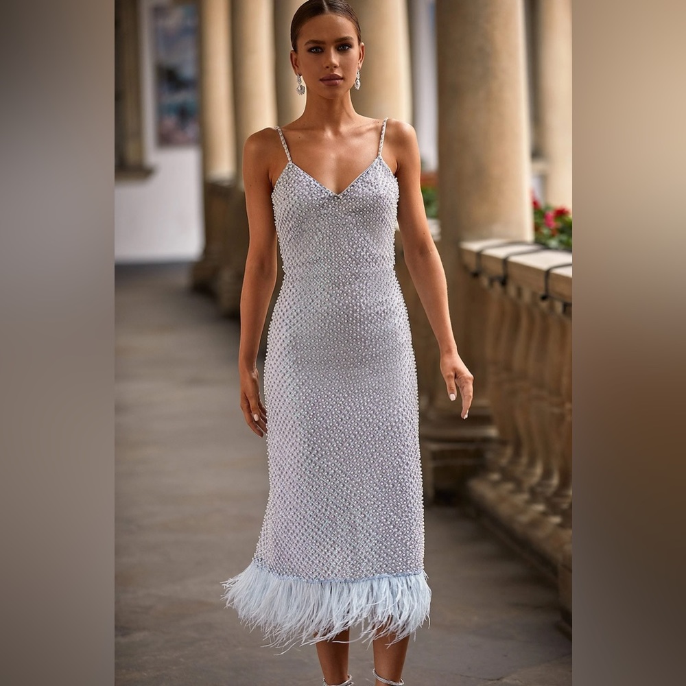 Alamour The Label Carlotta Pearl Sequined With Feathers Midi Dress and Low Back